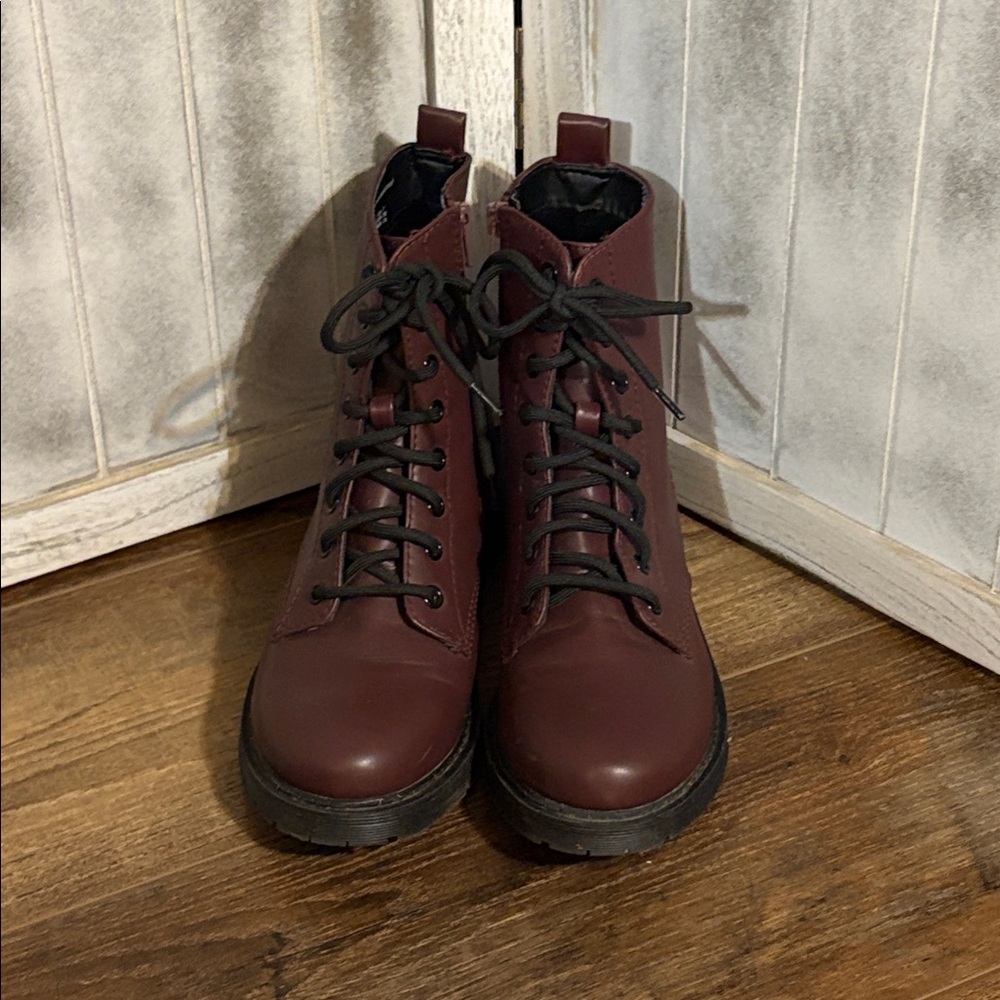 Burgundy Lace-Up Combat Boots